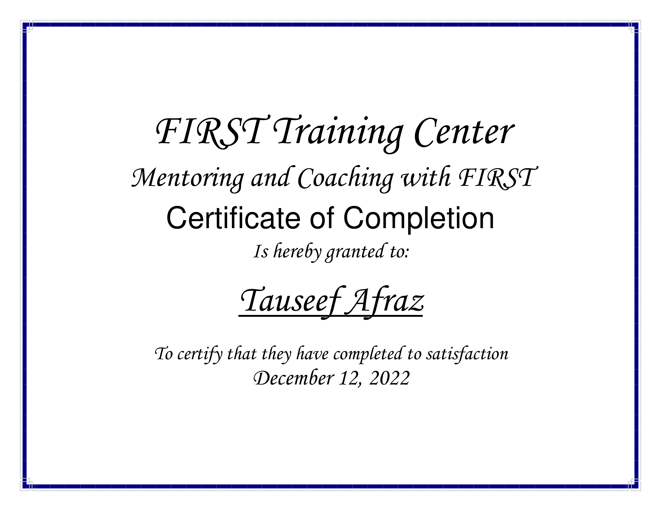 Mentoring and Coaching with FIRST completion certificate